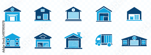 A collection of flat blue toned vector icons depicts various building types including houses garages and warehouses high quality professional detailed modern elegant