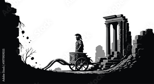Man Riding Chariot through Ancient Ruins
