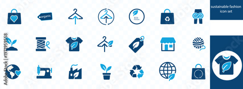 A collection of blue icons representing sustainable fashion concepts including clothing recycling and organic materials high quality professional detailed modern elegant stylish clean