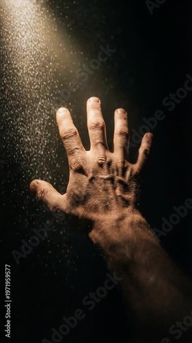 Dramatic Hand Reaching Through Dust Particles