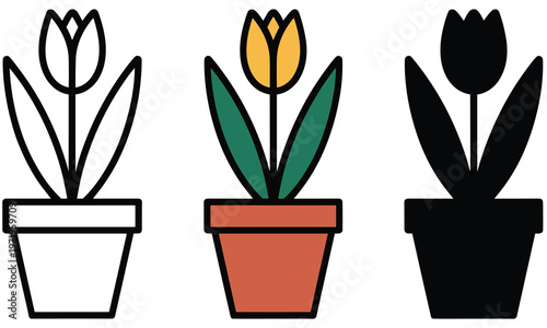 Vector illustration of three colorful tulip flowers in pots with different designs and colors for decoration