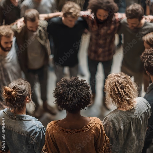 Group of People Standing in a Tight Circle for Community Meeting