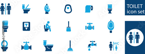 A collection of blue toilet and restroom icons depicting various fixtures symbols and related elements for public use high quality professional detailed modern