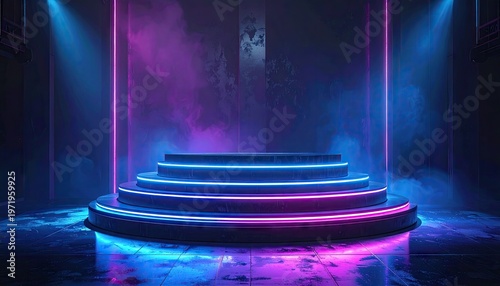 Lit stage glows with neon lights and smoke effects, futurist space