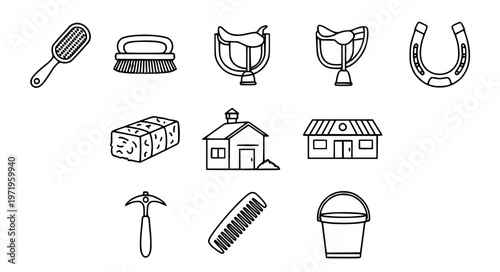Horse Care and Stable Vector Icons with Grooming Tools