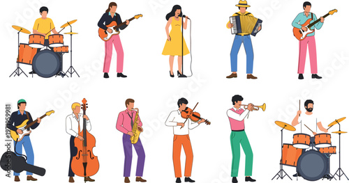 Illustration Set of Musicians Playing Instruments Including Guitar, Drums, Violin, and Saxophone for Music, Band, and Performance Designs