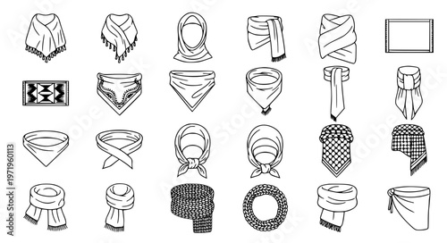 Cultural Scarf Styles Vector Set with Shawl Hijab and Wrap Icons