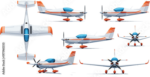Illustration Set of Small Airplane in Multiple Views Including Front, Side, Top, and Perspective for Aviation, Transport, and Travel Designs