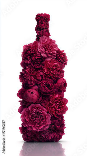 wine bottle formed entirely from flowers clean silhouette, creative floral wine bottle design with pink and red roses, elegant botanical wine bottle illustration for spring event