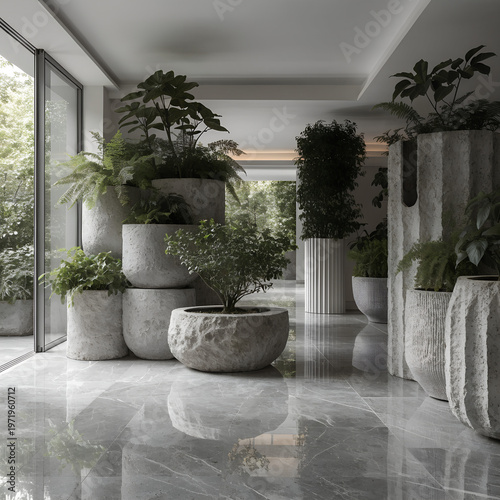 Luxury Indoor Garden Interior with Marble Floor and Natural Light | Modern Minimalist Design