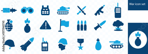 A collection of flat blue war and military icons depicting weapons equipment and symbols of conflict high quality professional detailed modern elegant stylish