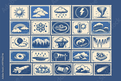 Illustration of Weather Space Science Illustrated Postage Stamp Collage Blue Background Meteorology Astronomy