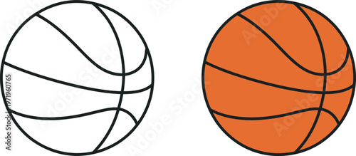 Basketballs vector set, two balls white and orange, isolated on white background, flat minimal design, sports equipment icons, editable illustration pack