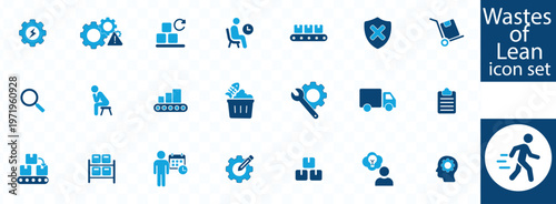 This image displays a collection of blue icons representing the eight wastes of lean manufacturing focusing on process inefficiencies high quality professional detailed