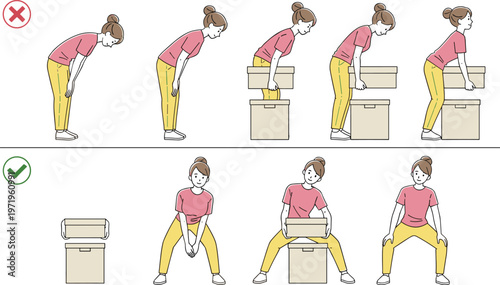 Vector Illustration of Proper and Improper Lifting Techniques with a Person Lifting Boxes Demonstrating Safe Practices