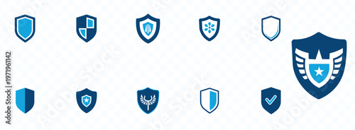 A collection of flat blue shield icons in various shapes and designs are displayed on a plain white background high quality professional detailed