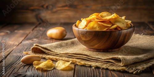 A Rustic Wooden Bowl Filled with Crispy, Golden Potato Chips, Accompanied by Raw Potatoes and a Burlap Cloth on a Dark Wooden Table