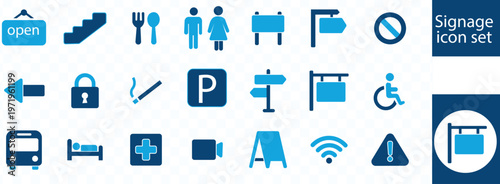 A collection of vibrant blue signage icons depicting public amenities directions and accessibility features for wayfinding high quality professional detailed modern elegant stylish