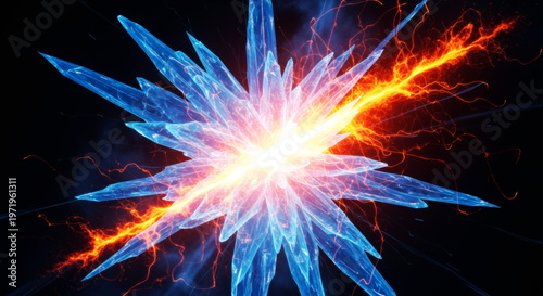 氷と炎の衝突、宇宙で炸裂する結晶とエネルギーの抽象背景