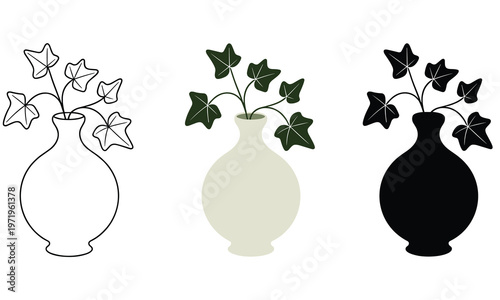 Vector graphic illustrations of vases with leaves in different colors and styles for design and decoration purposes