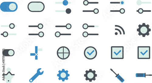 Settings and control icons set with toggle switches sliders wifi tools and check symbols minimal flat vector illustration