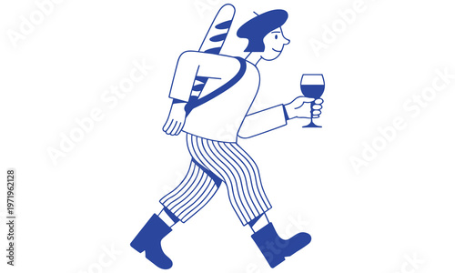 A smiling person wearing a beret walks while carrying a bag and holding a glass of wine in their hand showing a carefree lifestyle.