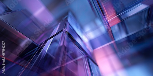 Abstract geometric structures of translucent glass with purple and blue hues