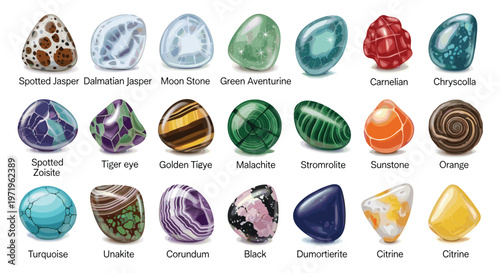 Illustration Set of Colorful Gemstones and Crystals Including Jasper, Citrine, Malachite, and More for Jewelry, Mineral, and Decorative Designs