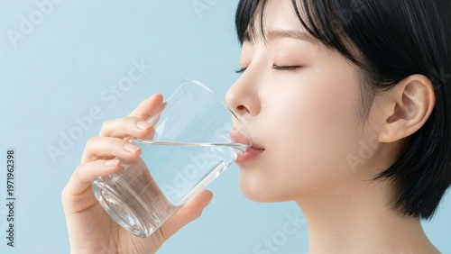 澄んだブルー背景の中でグラスの水を口に含む横顔が、みずみずしい清潔感とうるおい印象を引き立てる美容広告ビジュアル