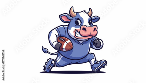 A spirited cartoon cow, adorned in a vibrant blue football uniform, enthusiastically dashes forward with an American football, perfectly capturing a playful and energetic athletic theme