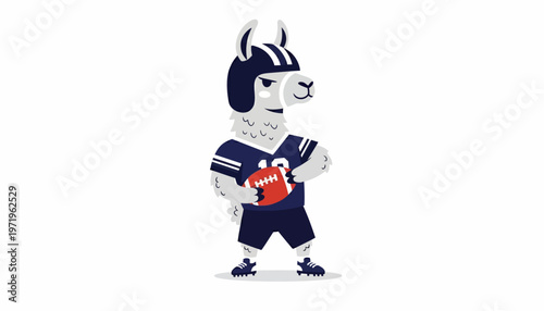 A charming cartoon llama enthusiastically prepared for a game, dressed in a classic football uniform and holding an American football, embodying a fun and sporty spirit