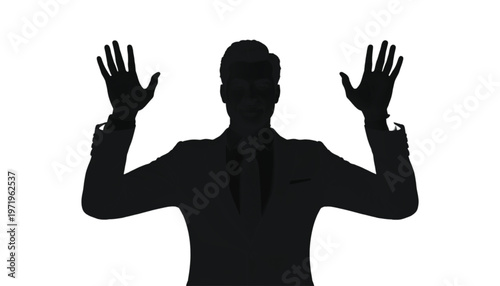 Silhouette of a man in a suit with hands raised, isolated on a white background, representing surrender or a.