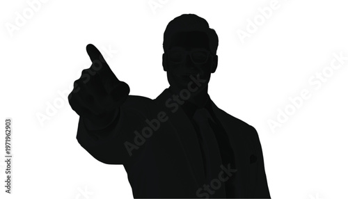Silhouette of a man in a suit raising his index finger, isolated on a white background, conveying a warning.