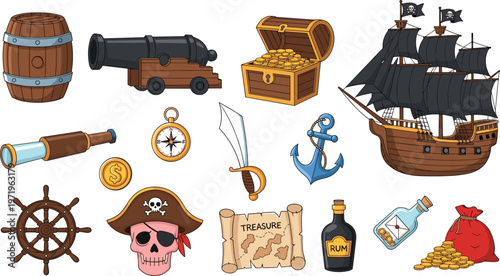 Illustration Set of Pirate Objects Including Ship, Treasure Chest, Cannon, Map, and Nautical Elements for Adventure, Sea, and Fantasy Designs