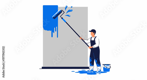 A person in blue overalls painting a grey wall with a long-handled roller, with blue paint splashing and spilling on the floor.