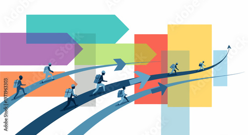 People climbing upward-curving arrows with colorful background arrows symbolizing progress, ambition, and moving forward in a competitive environment.