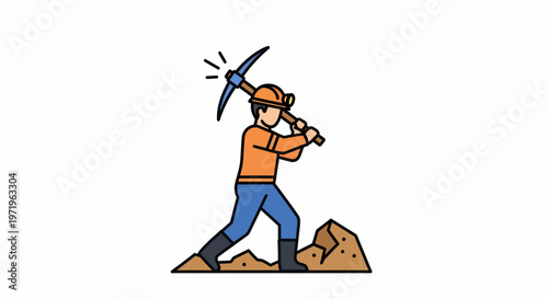 Illustration of a miner or construction worker wearing a hard hat and using a pickaxe to dig into the ground, with dirt piles around.