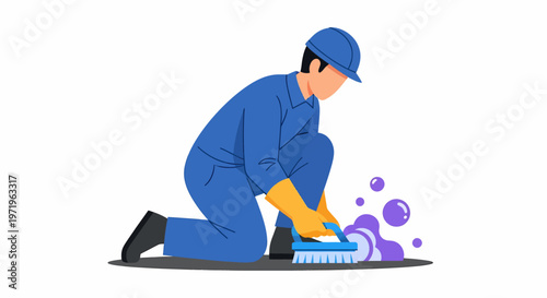 A person in a blue uniform and yellow gloves kneels to scrub a surface with a brush, creating purple bubbles, depicting cleaning or maintenance work.