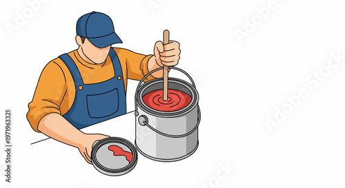 A man in overalls and a cap stirring a can of red paint with a stick, holding the paint-splattered lid in his other hand.