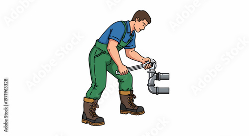 A male plumber in green overalls and work boots uses a wrench to adjust a section of grey pipes, illustrating a common plumbing task.