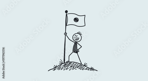 Simple Drawing of Man Raising Flag.