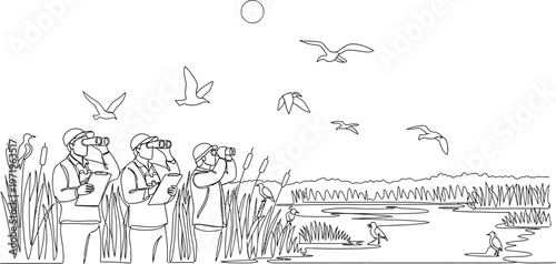 birds flying over wetland landscape