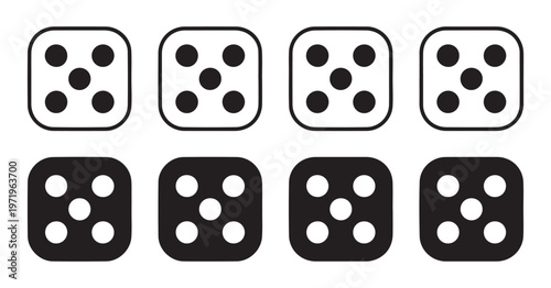 Dice face showing five dots in black and white variations with rounded corners for board game application.
