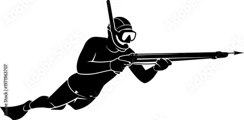 Silhouette of Spearfishing Diver in Wetsuit with Snorkel and Speargun Aiming Forward, Dynamic Underwater Hunting Pose, Minimalist Vector Art, Graphic Icon, isolated on white background

