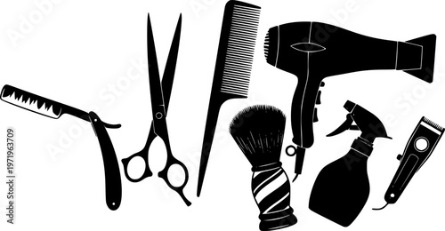 Barber tools silhouette, Barber tools, Barbershop tools, Hairdressing tools set, Barbershop equipment silhouette, Salon tools silhouette, Hairdresser tools icons set 
