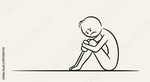 Sad Child Sitting on Floor Alone.