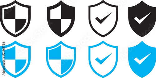 Tick shield icon vector set, checkmark protection symbols, security verification signs, safety privacy trusted system concept, editable scalable illustration