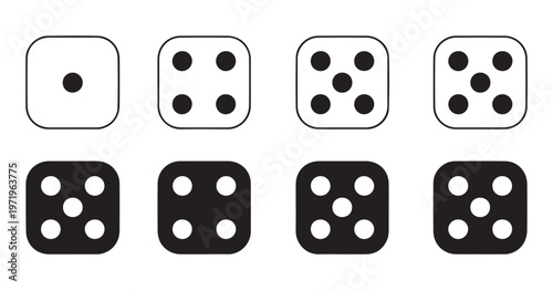 Assorted dice faces with different number configurations in black and white styles for tabletop gaming ui.