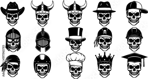 Skull Head Silhouette Set wearing Hats Helmets and Accessories for Mascot Design
