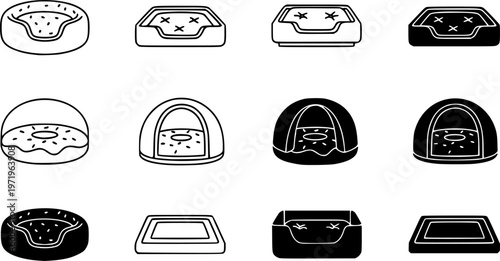 Pet bed icon set, line and black glyph style
